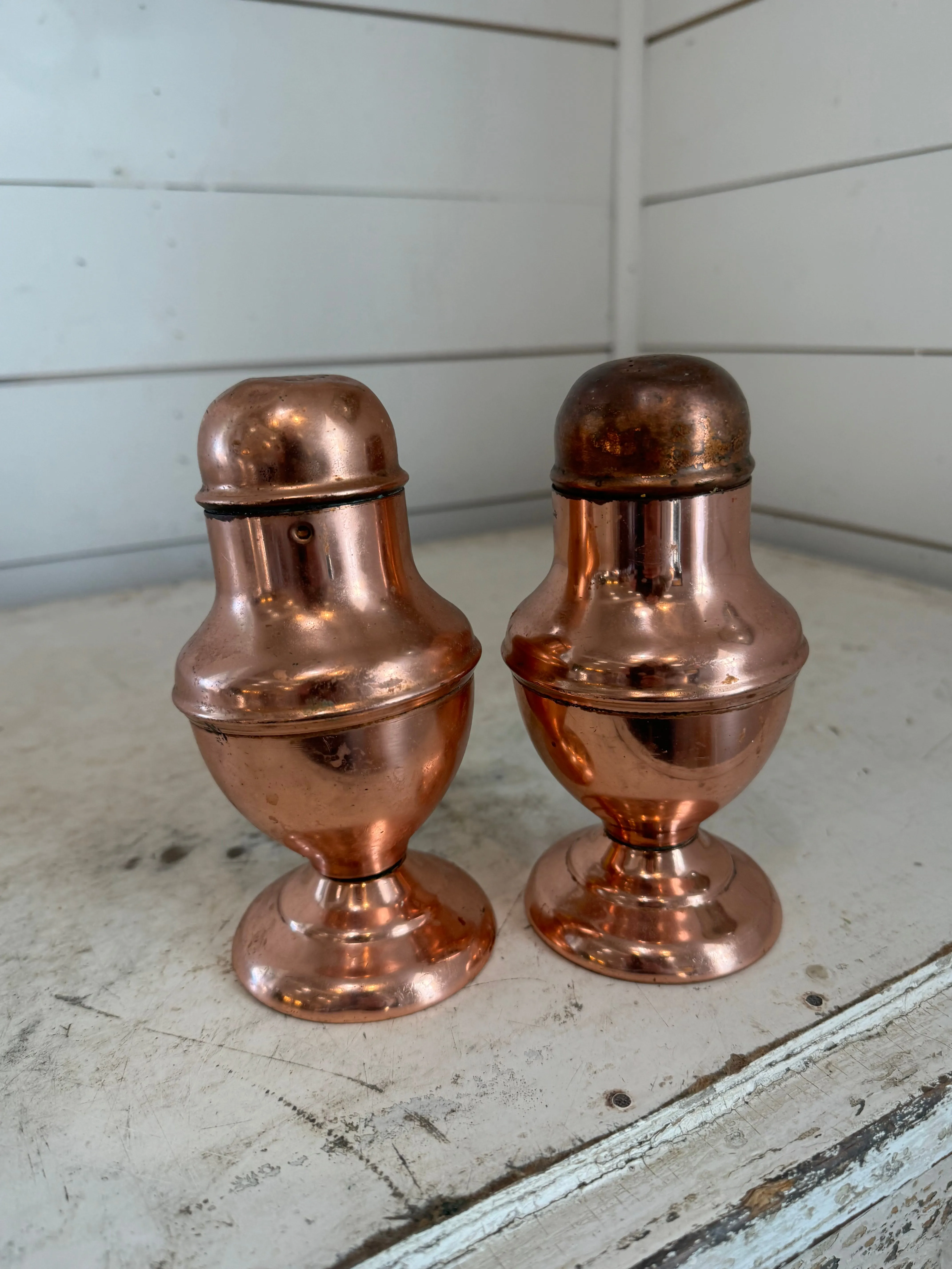 LARGE VINTAGE COPPER SALT AND PEPPER SET
