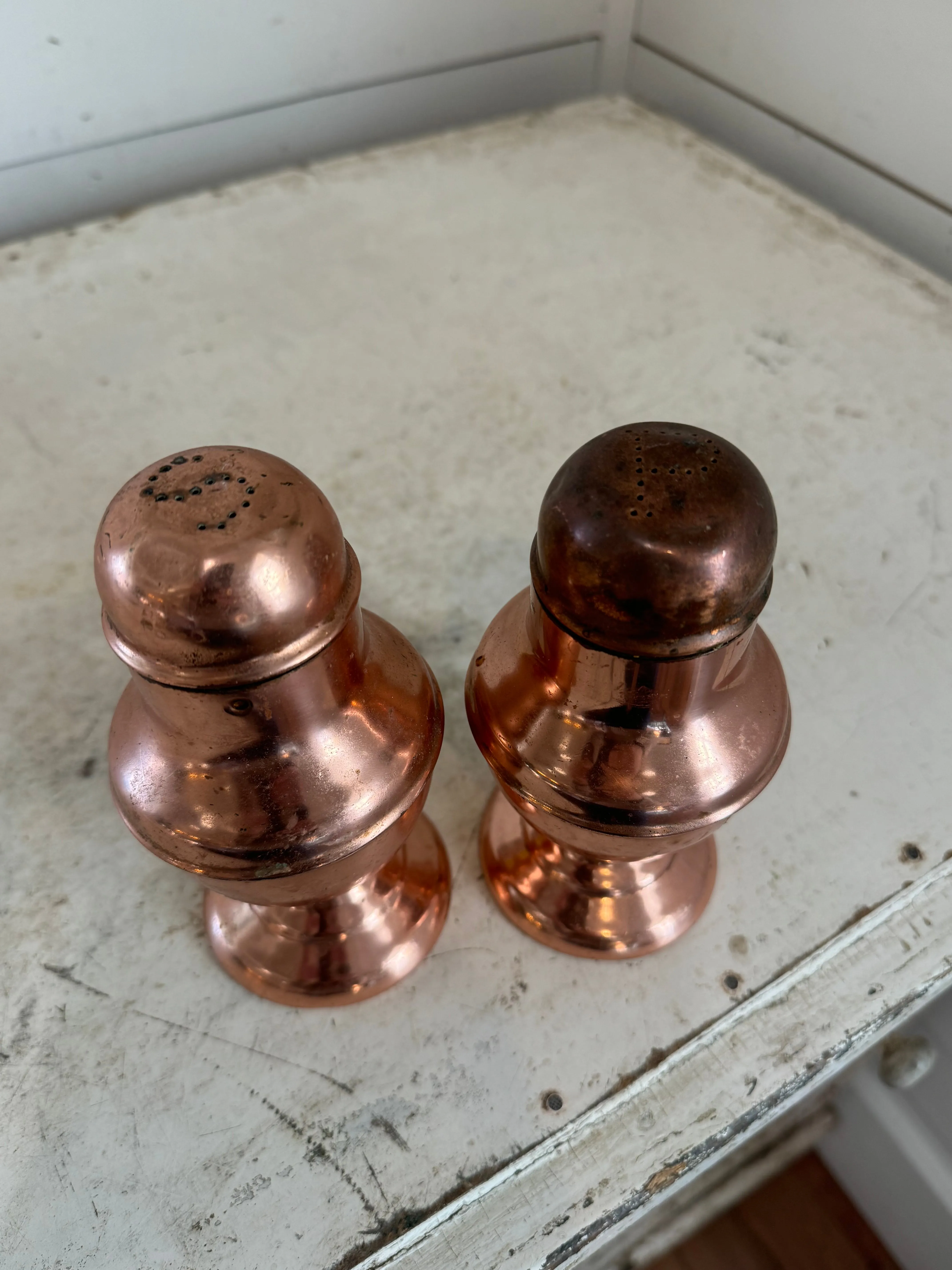 LARGE VINTAGE COPPER SALT AND PEPPER SET