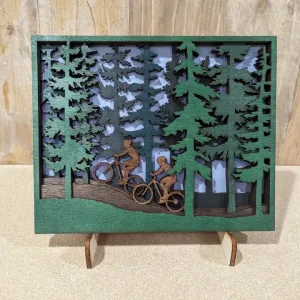 Layered Two Bike Riders Trees Art Medium Size 8.5" X 10.5"