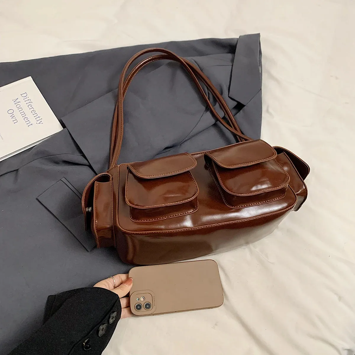 Leather Double Pockets Underarm Bags Women Large Zipper Shoulder Bag Handbags