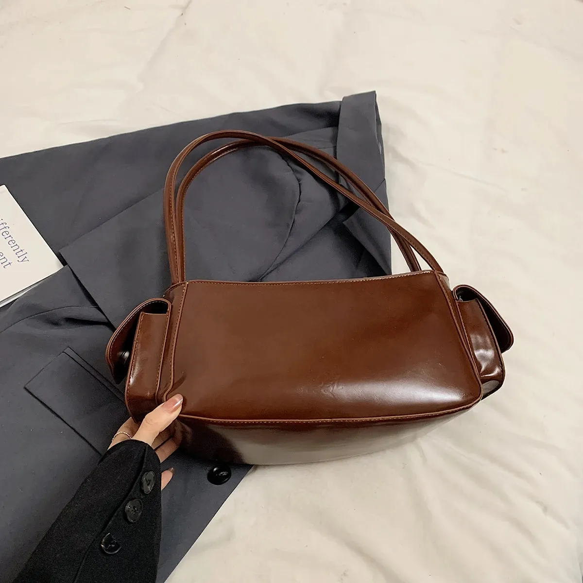 Leather Double Pockets Underarm Bags Women Large Zipper Shoulder Bag Handbags