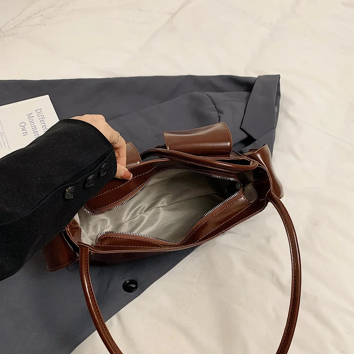 Leather Double Pockets Underarm Bags Women Large Zipper Shoulder Bag Handbags