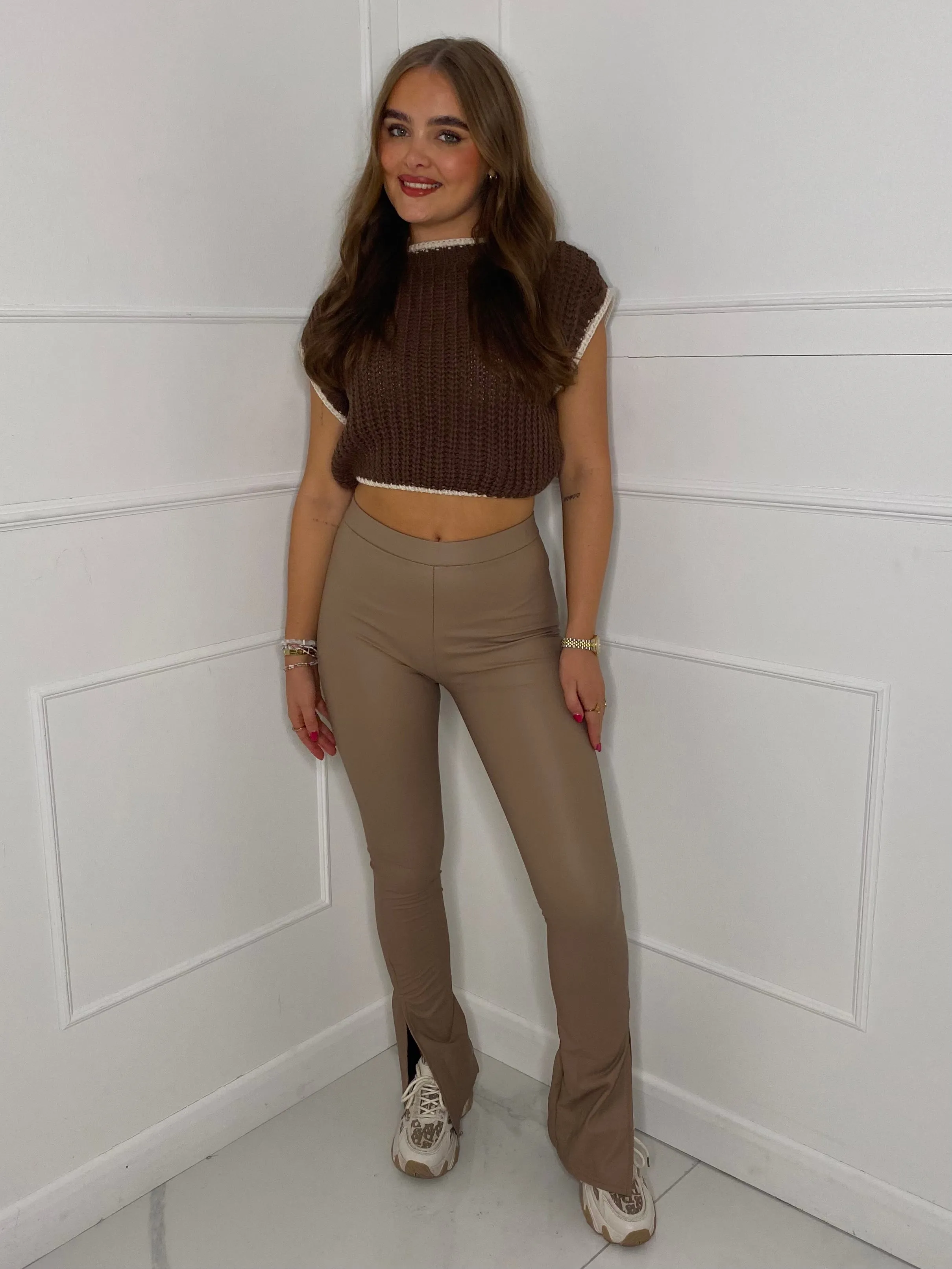 Leather Look Slit Flared Leggings - Beige