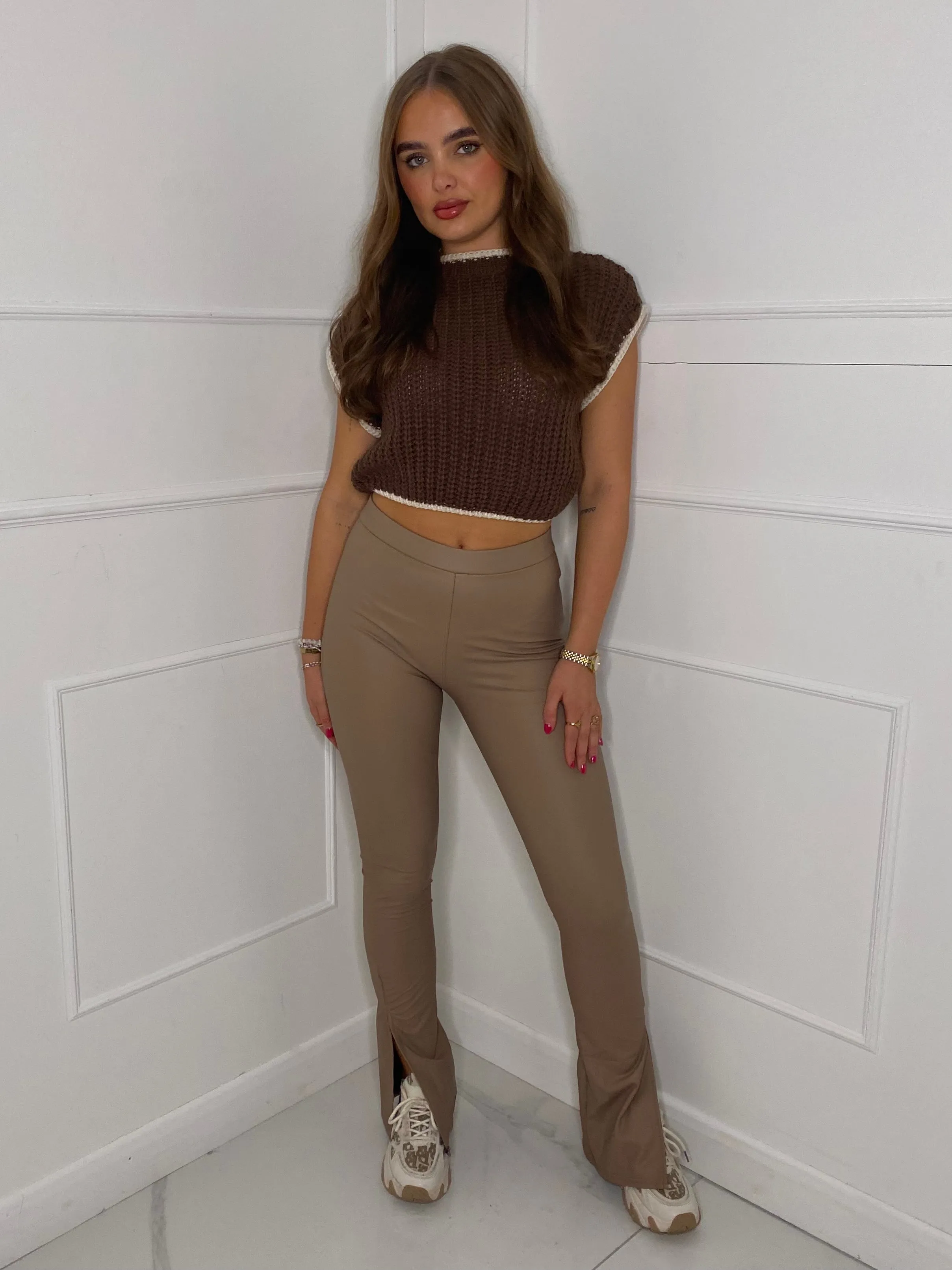 Leather Look Slit Flared Leggings - Beige
