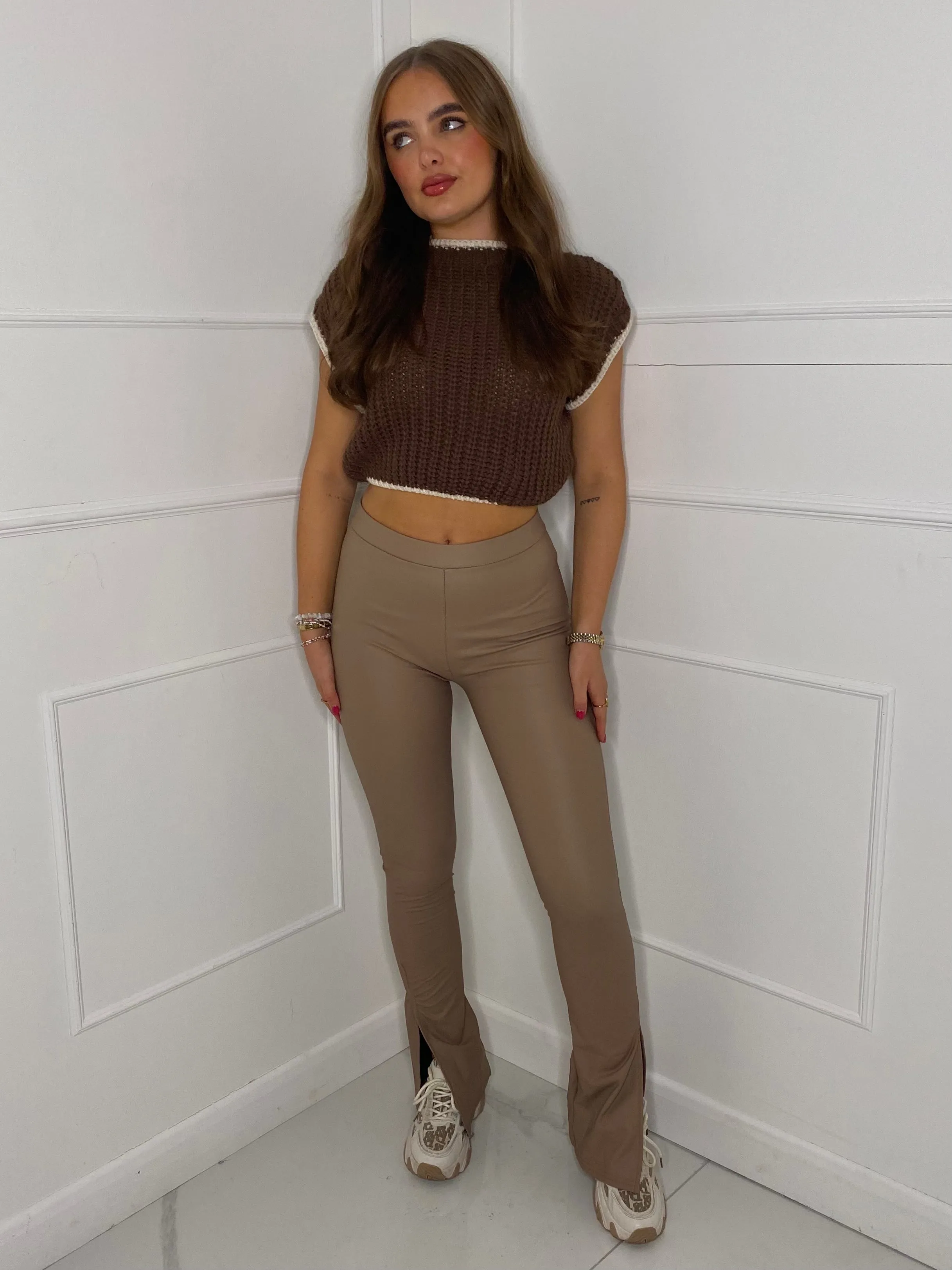 Leather Look Slit Flared Leggings - Beige