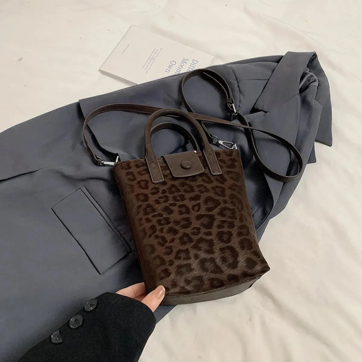 Leopard Nubuck Leather Bucket Bags Small Women Flap Snap Zipper Crossbody Purse