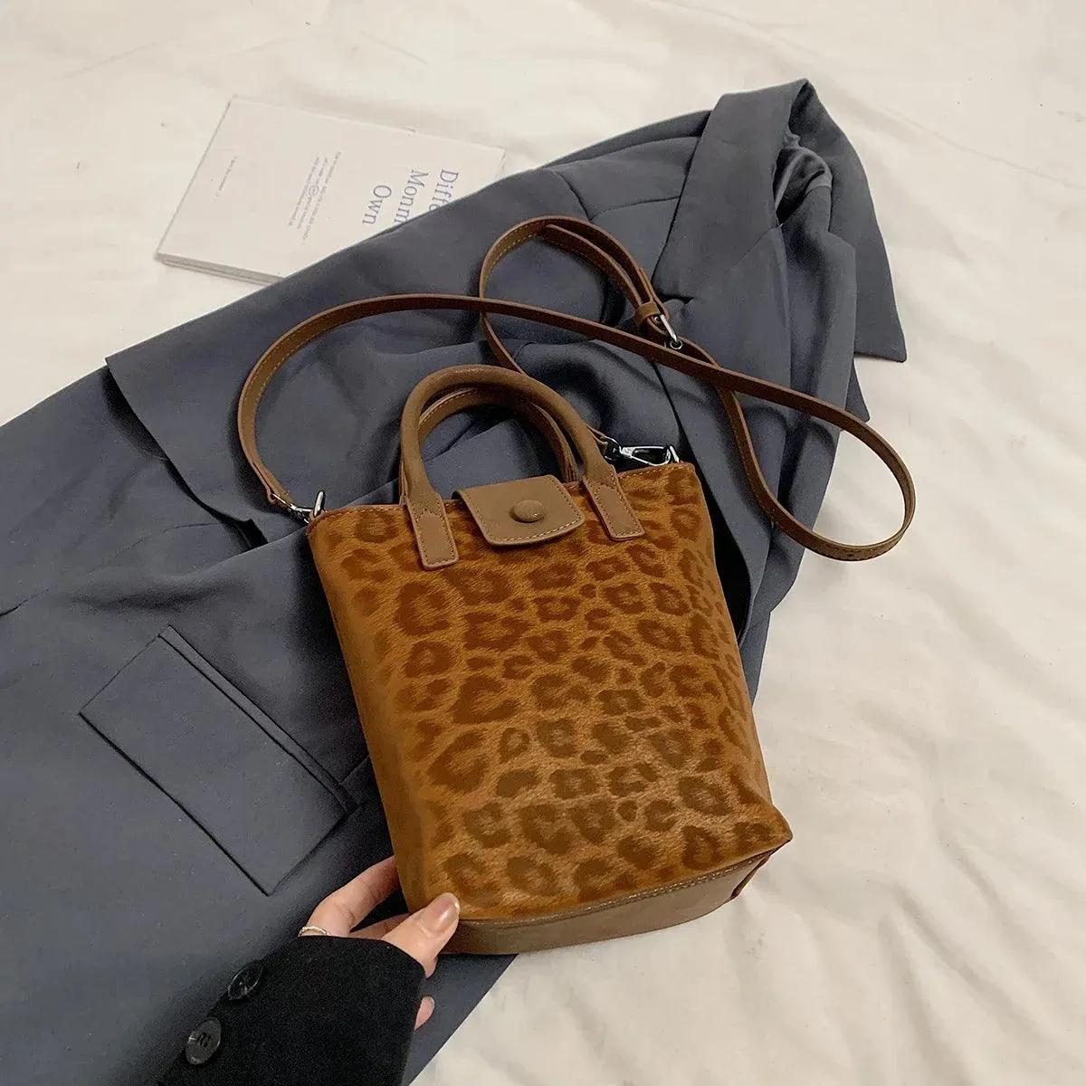 Leopard Nubuck Leather Bucket Bags Small Women Flap Snap Zipper Crossbody Purse