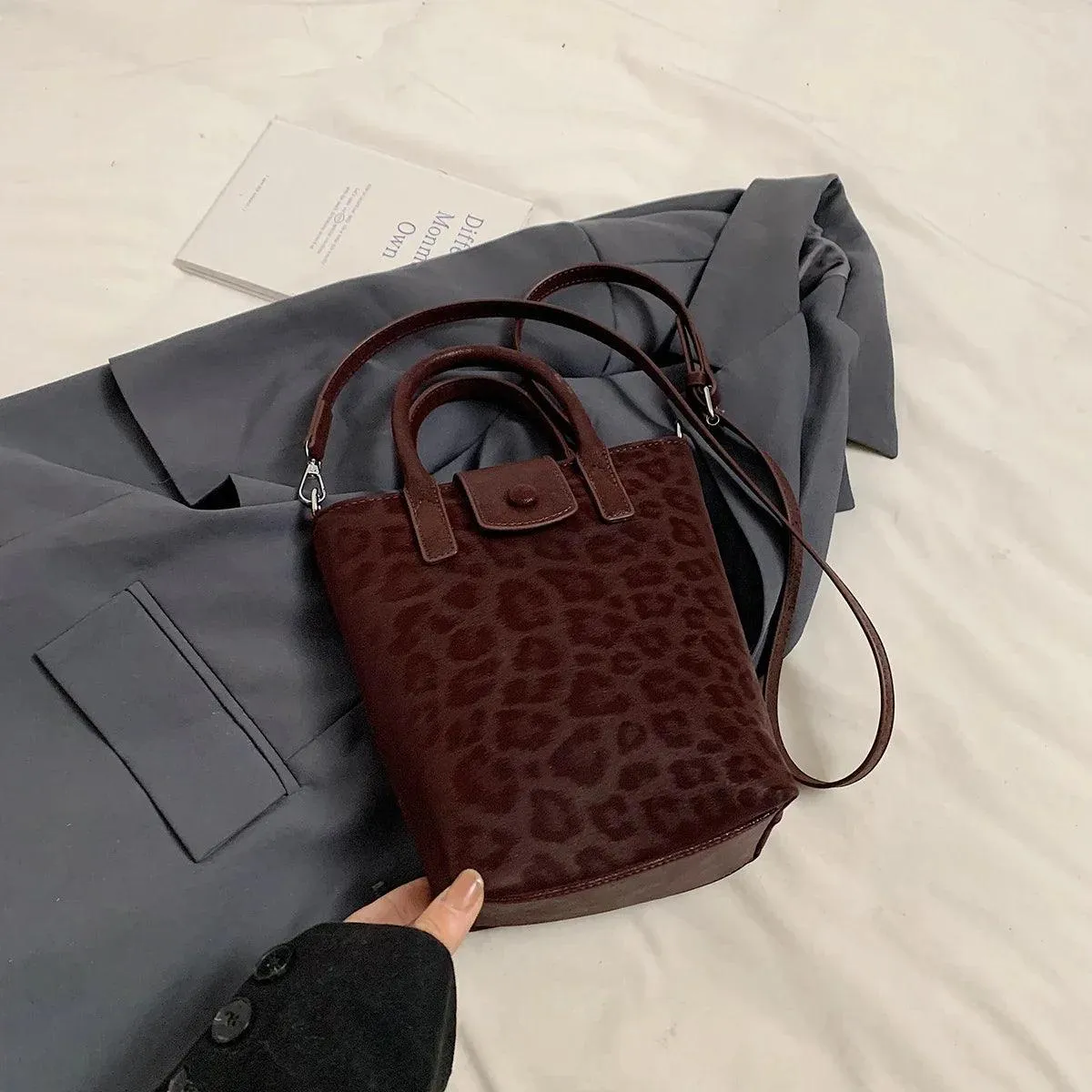 Leopard Nubuck Leather Bucket Bags Small Women Flap Snap Zipper Crossbody Purse