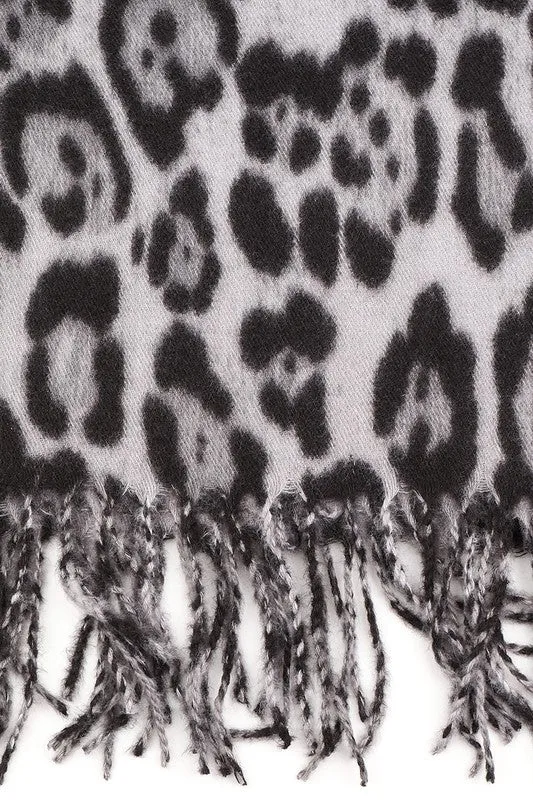 Leopard Print Fringed Scarf - Grey