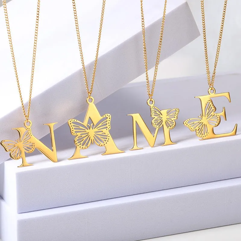 Letter Pendant with Butterfly Accent Statement Necklaces