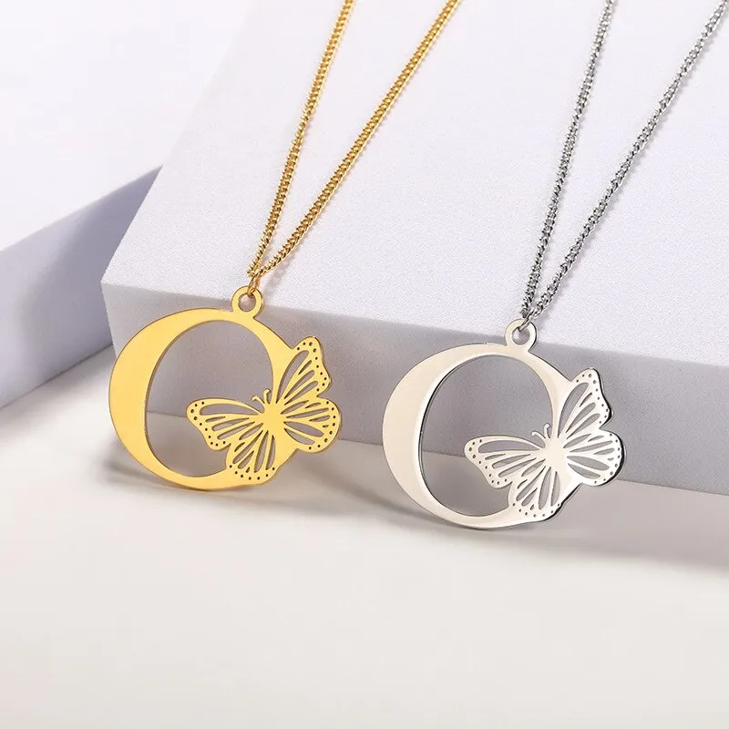 Letter Pendant with Butterfly Accent Statement Necklaces
