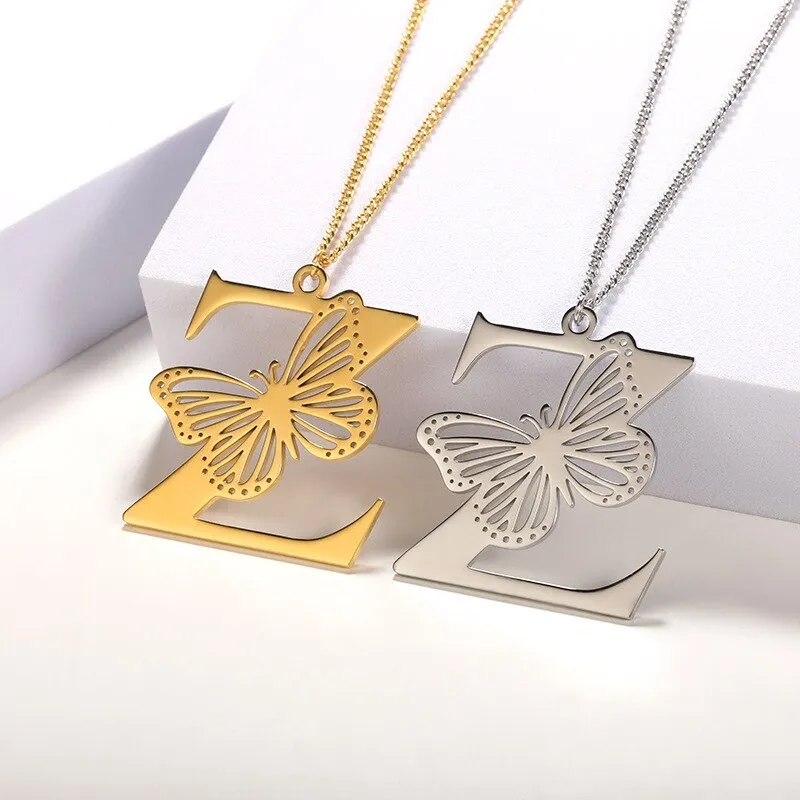 Letter Pendant with Butterfly Accent Statement Necklaces