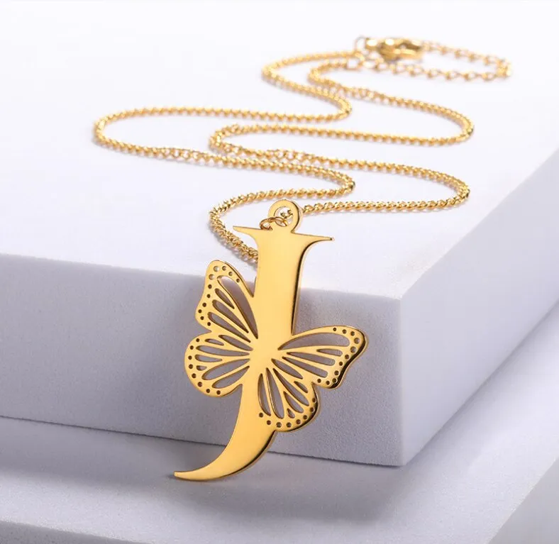 Letter Pendant with Butterfly Accent Statement Necklaces