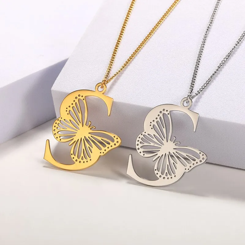 Letter Pendant with Butterfly Accent Statement Necklaces