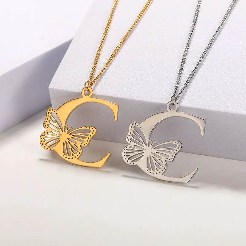 Letter Pendant with Butterfly Accent Statement Necklaces