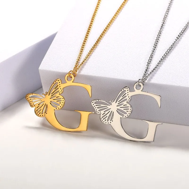 Letter Pendant with Butterfly Accent Statement Necklaces