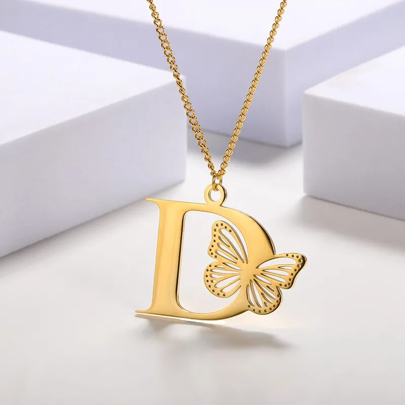 Letter Pendant with Butterfly Accent Statement Necklaces