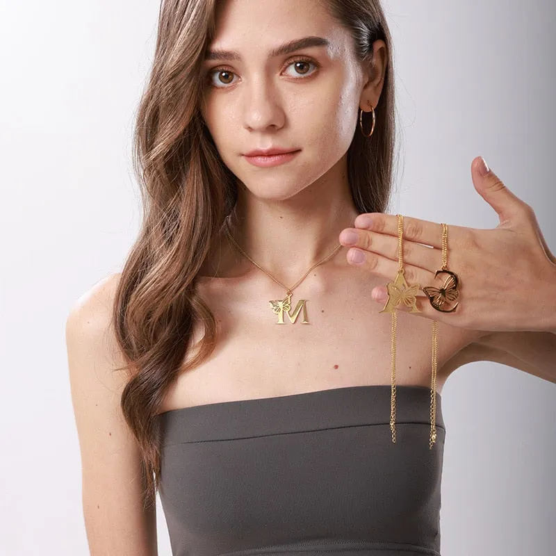 Letter Pendant with Butterfly Accent Statement Necklaces
