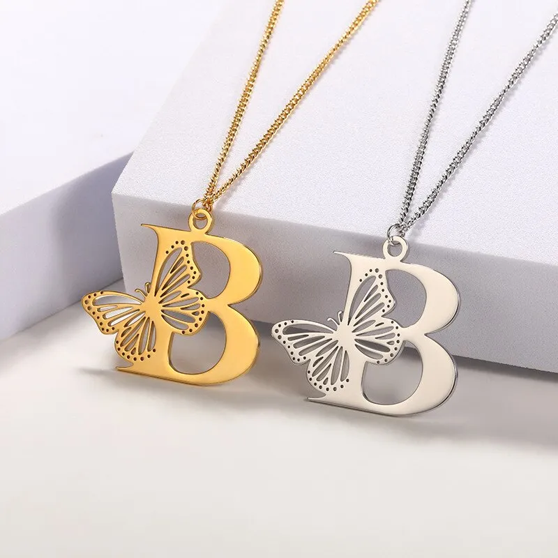 Letter Pendant with Butterfly Accent Statement Necklaces