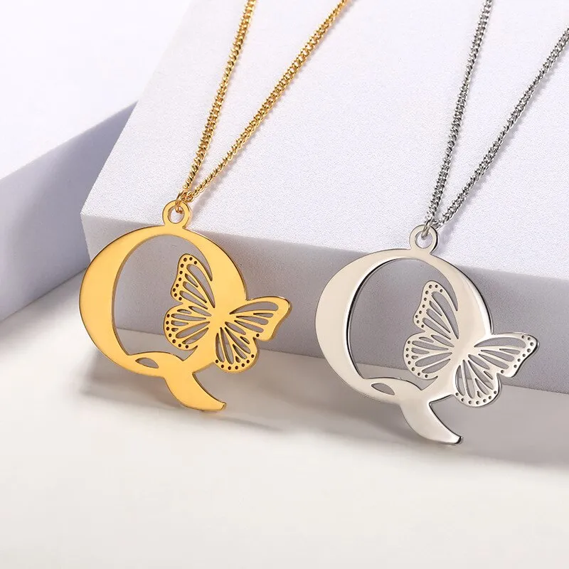 Letter Pendant with Butterfly Accent Statement Necklaces