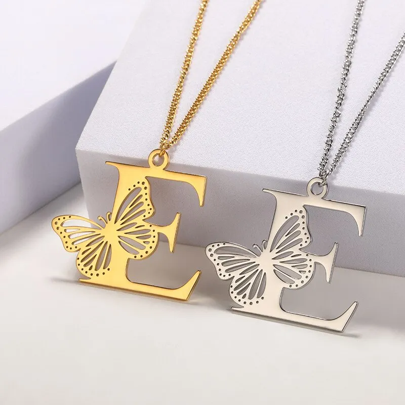 Letter Pendant with Butterfly Accent Statement Necklaces
