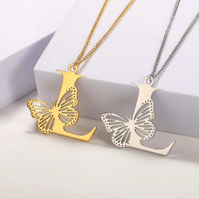 Letter Pendant with Butterfly Accent Statement Necklaces