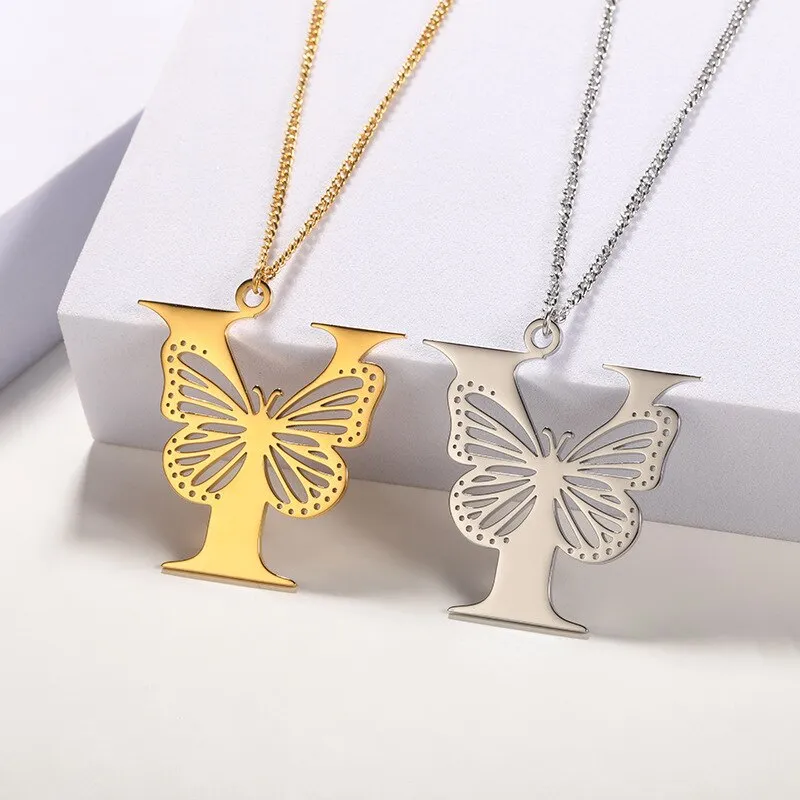 Letter Pendant with Butterfly Accent Statement Necklaces