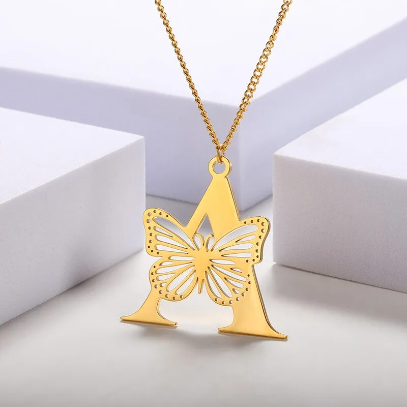 Letter Pendant with Butterfly Accent Statement Necklaces