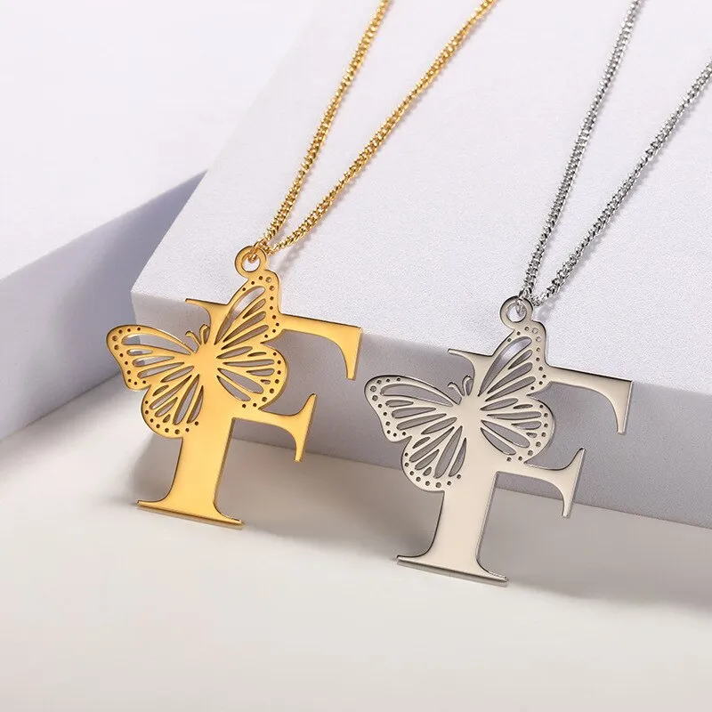 Letter Pendant with Butterfly Accent Statement Necklaces