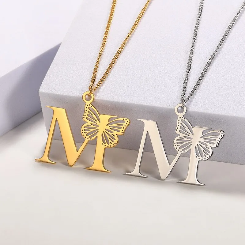 Letter Pendant with Butterfly Accent Statement Necklaces