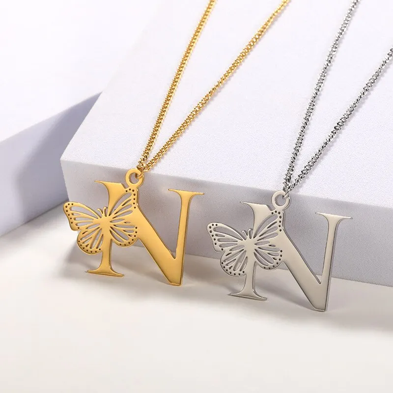 Letter Pendant with Butterfly Accent Statement Necklaces