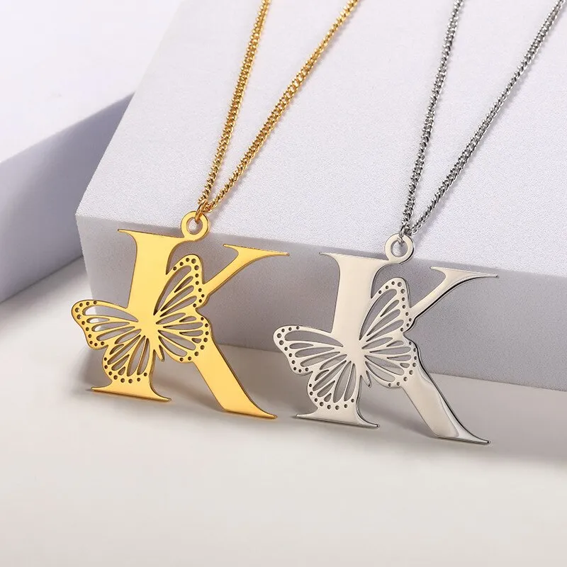 Letter Pendant with Butterfly Accent Statement Necklaces