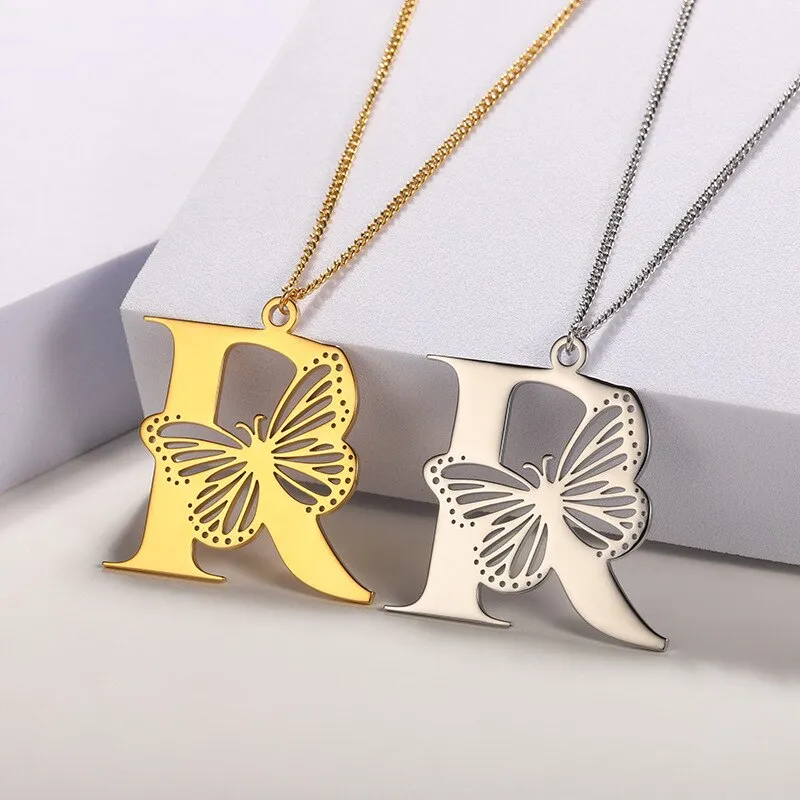 Letter Pendant with Butterfly Accent Statement Necklaces