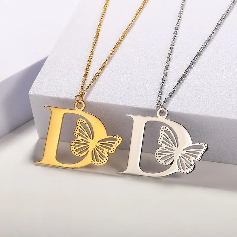 Letter Pendant with Butterfly Accent Statement Necklaces