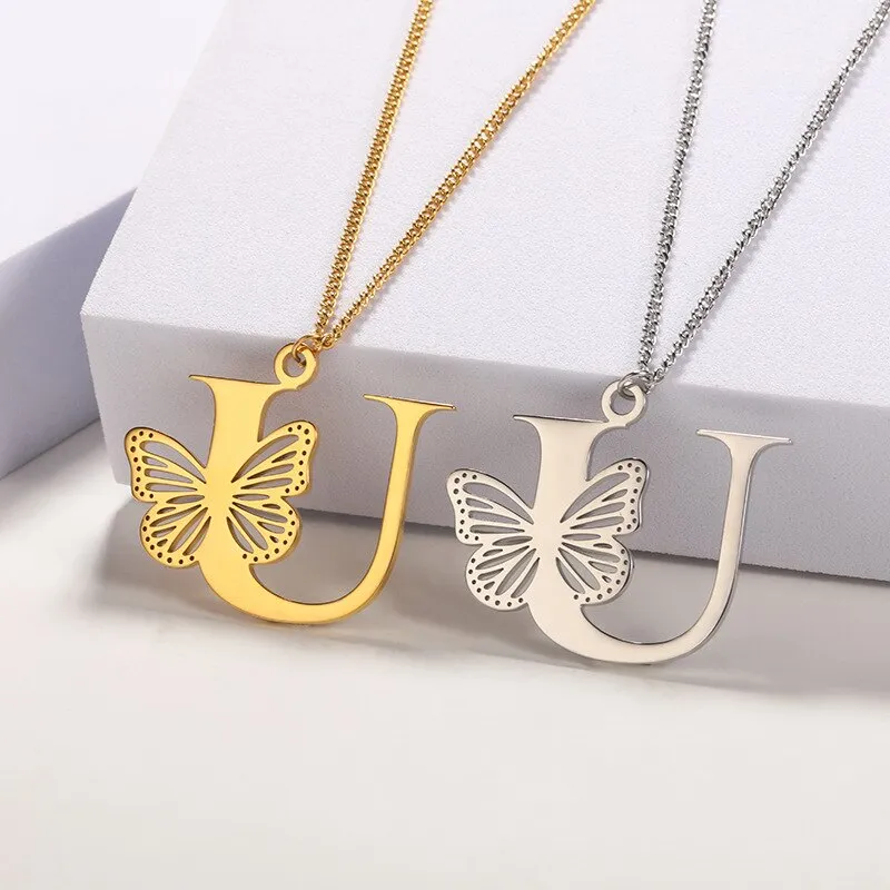 Letter Pendant with Butterfly Accent Statement Necklaces