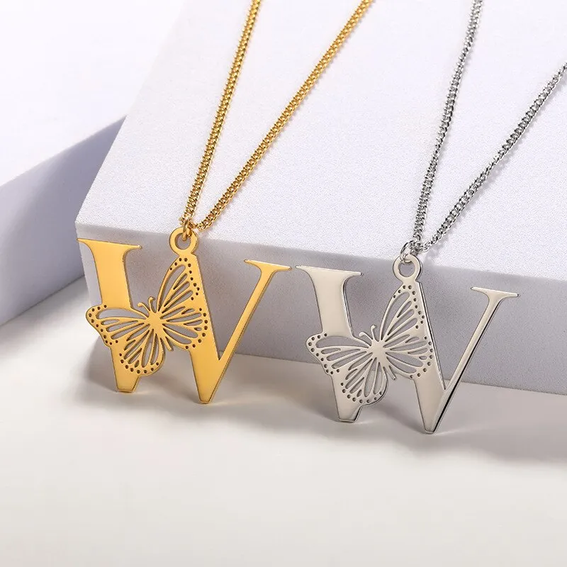 Letter Pendant with Butterfly Accent Statement Necklaces