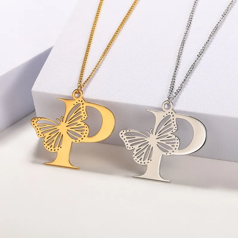 Letter Pendant with Butterfly Accent Statement Necklaces