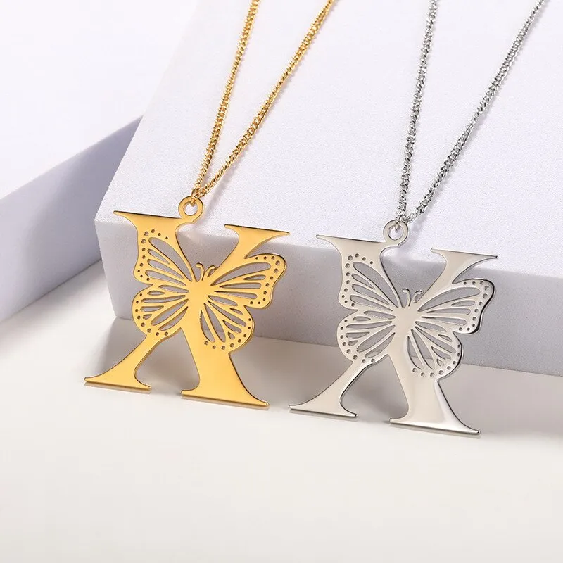Letter Pendant with Butterfly Accent Statement Necklaces