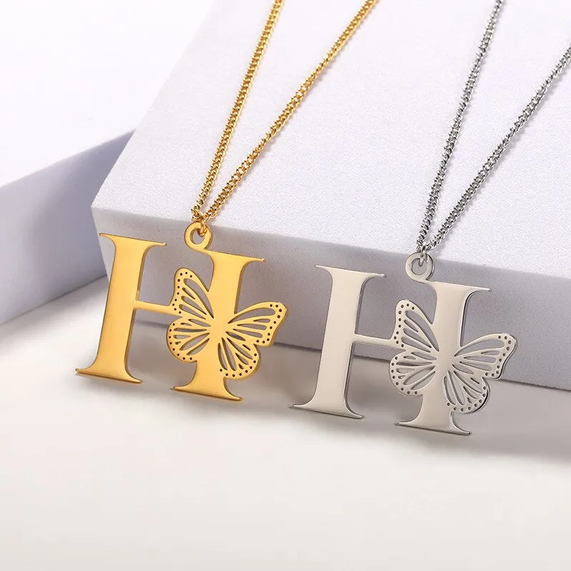 Letter Pendant with Butterfly Accent Statement Necklaces
