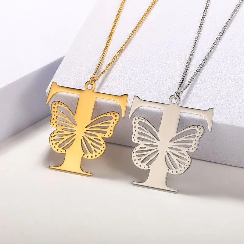 Letter Pendant with Butterfly Accent Statement Necklaces