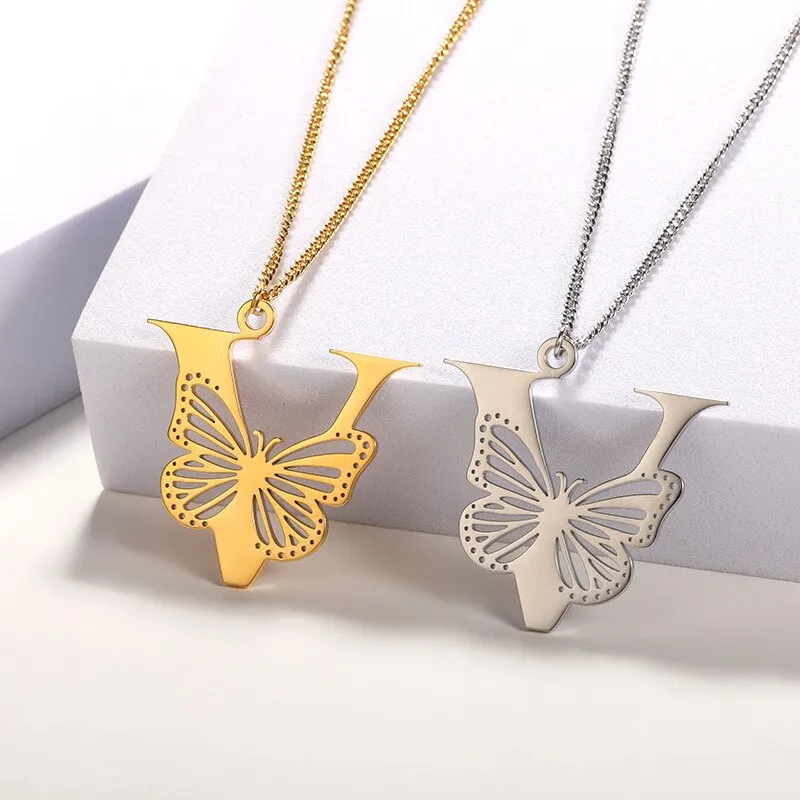 Letter Pendant with Butterfly Accent Statement Necklaces