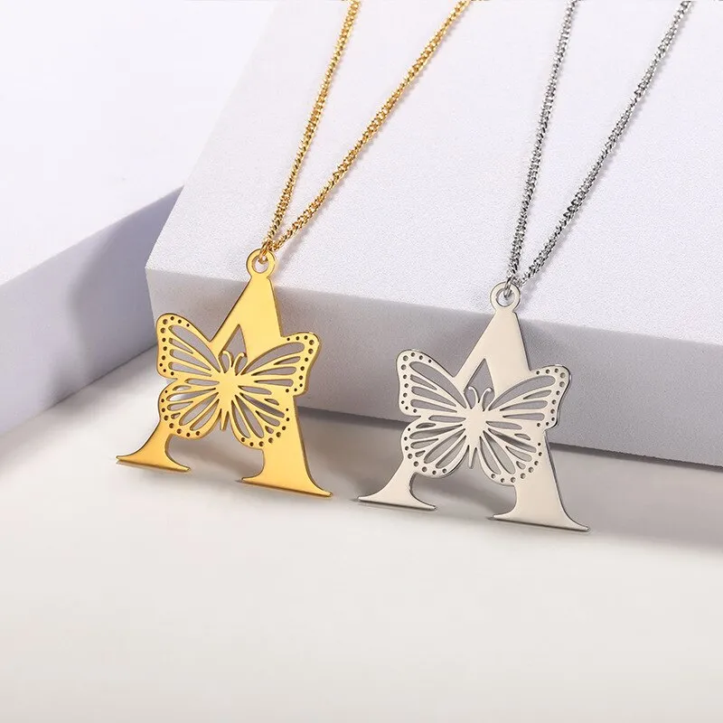 Letter Pendant with Butterfly Accent Statement Necklaces