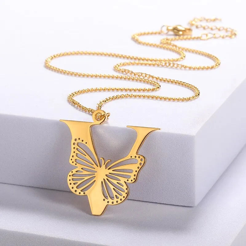 Letter Pendant with Butterfly Accent Statement Necklaces