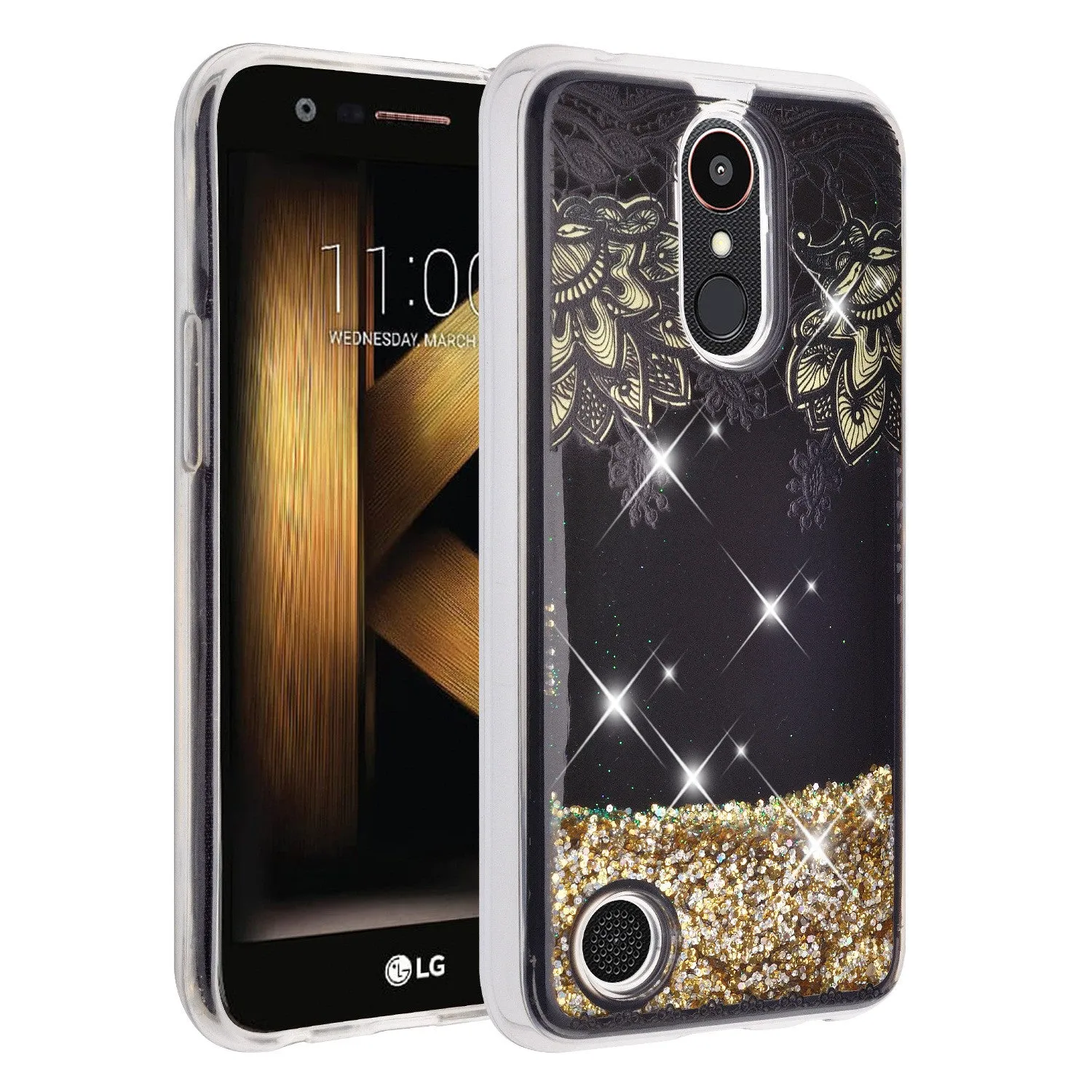 LG Aristo, LG Phoenix 3, LG Fortune, K4 2017, K8 2017, LG Risio, Luxury Bling Liquid Glitter Case, Sparkle Quicksand Case - Gold Lace