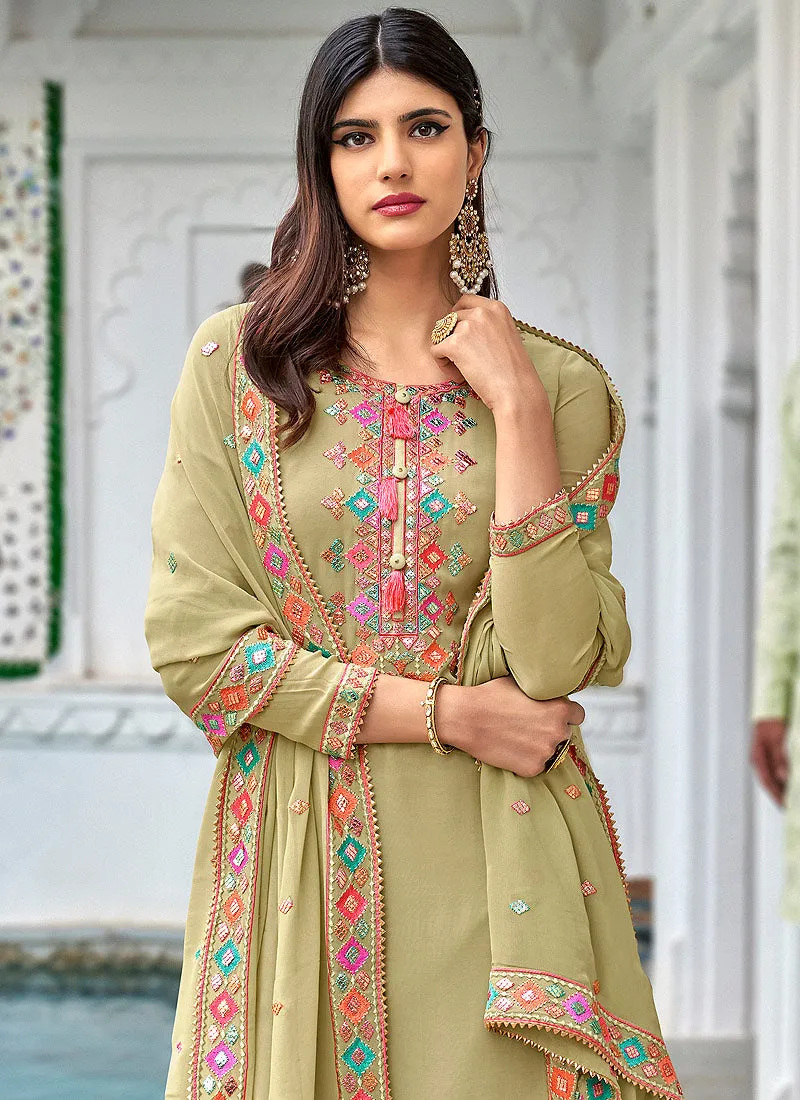 Light Green Multi Embroidered Georgette Palazzo Suit