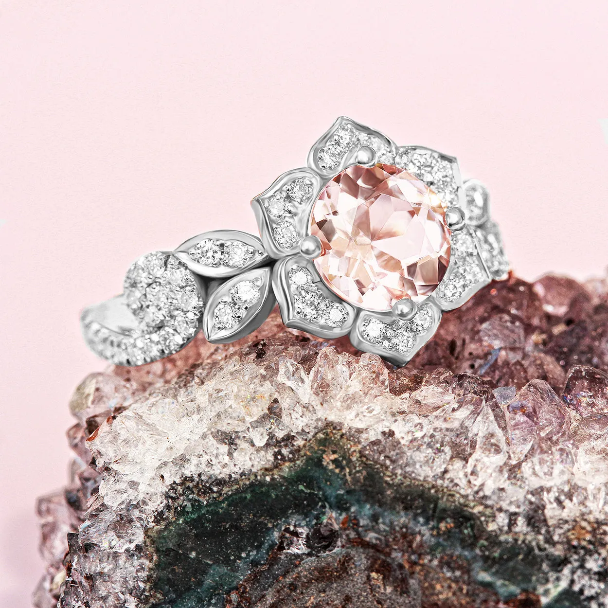 Lily Wave Flower - Morganite & Diamonds Unique Engagement Ring