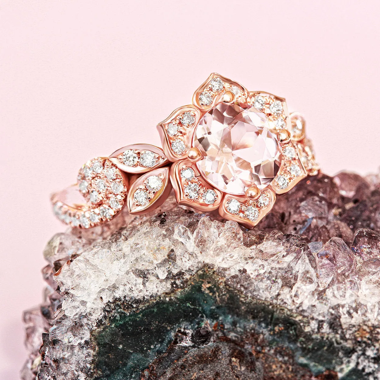 Lily Wave Flower - Morganite & Diamonds Unique Engagement Ring