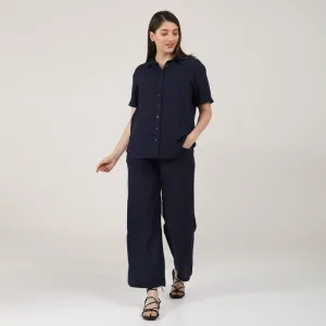 Linen Navy Blue Co Ord Set for Women | Shirt & Pant Set