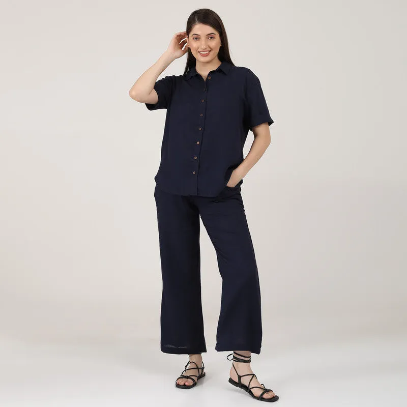 Linen Navy Blue Co Ord Set for Women | Shirt & Pant Set
