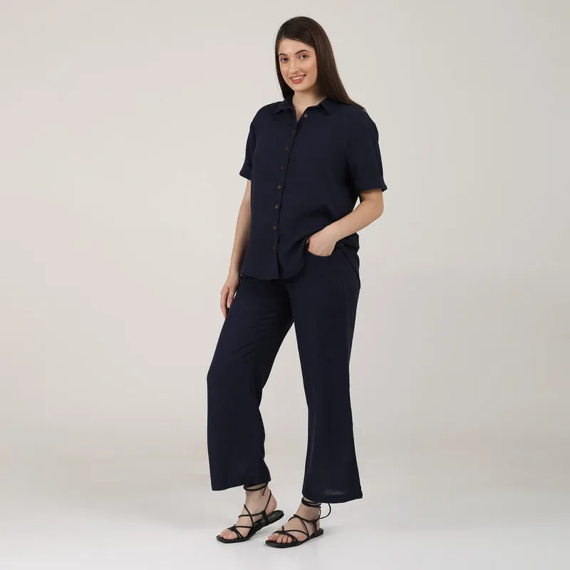 Linen Navy Blue Co Ord Set for Women | Shirt & Pant Set
